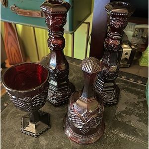 Vintage candle holders (perfume bottles from AVON) plus matching goblet & bell